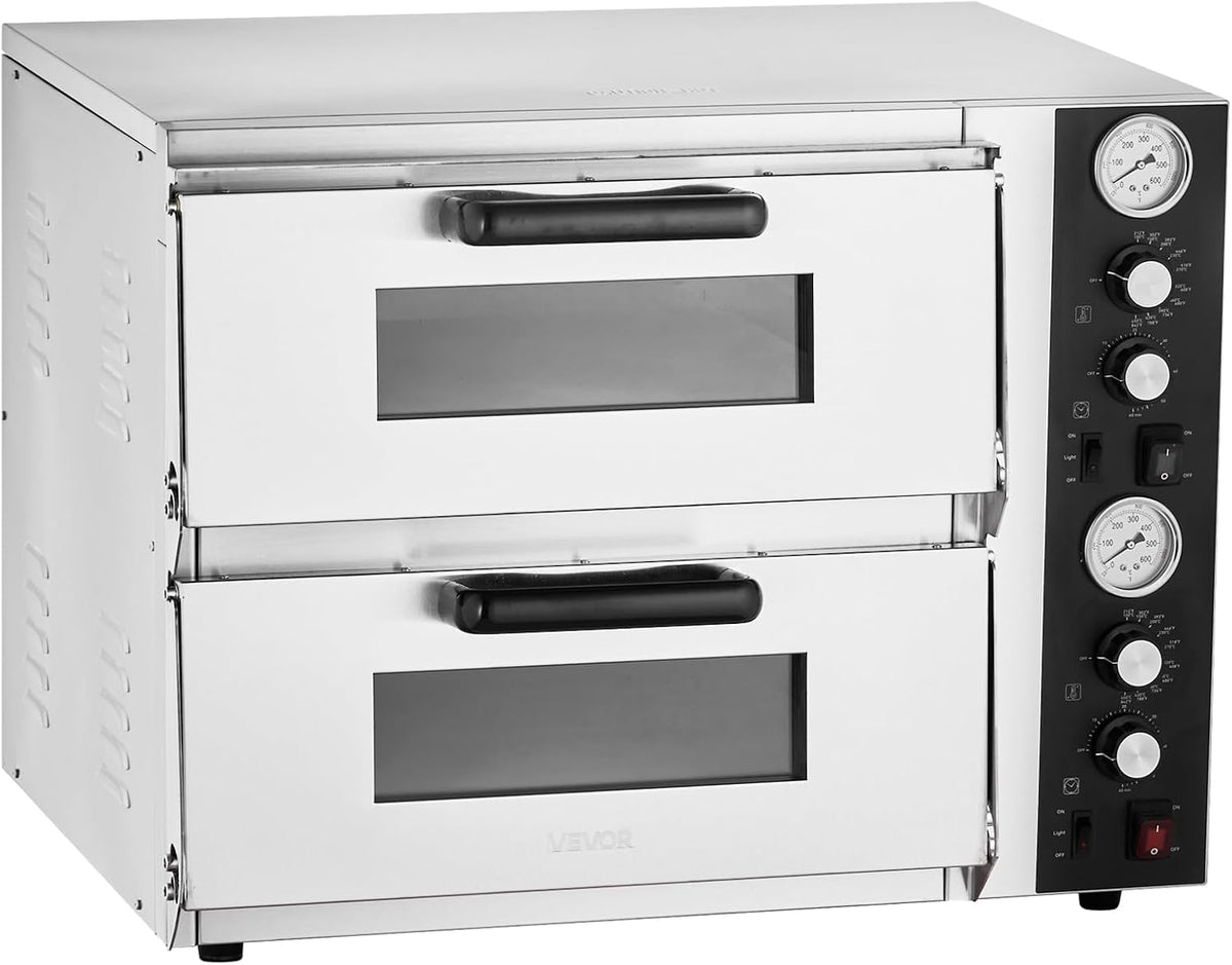 Pizza Oven Electric, 18" Double-Deck Commercial Countertop Pizza Oven, 842°F Max Temp, Indoor Pizza Maker with Thermometer, Independent Upper & Lower Temp Control & Timer for Home Restaurant