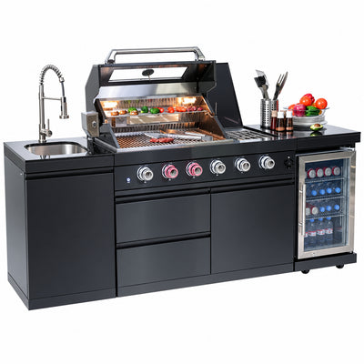 KEIKI 4-Burner Outdoor Kitchen Island with Sink & Wine Cooler