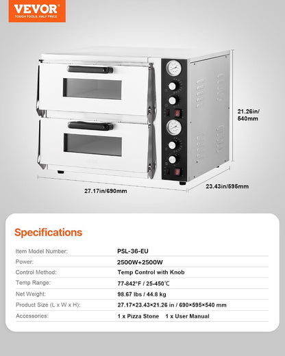 Pizza Oven Electric, 18" Double-Deck Commercial Countertop Pizza Oven, 842°F Max Temp, Indoor Pizza Maker with Thermometer, Independent Upper & Lower Temp Control & Timer for Home Restaurant