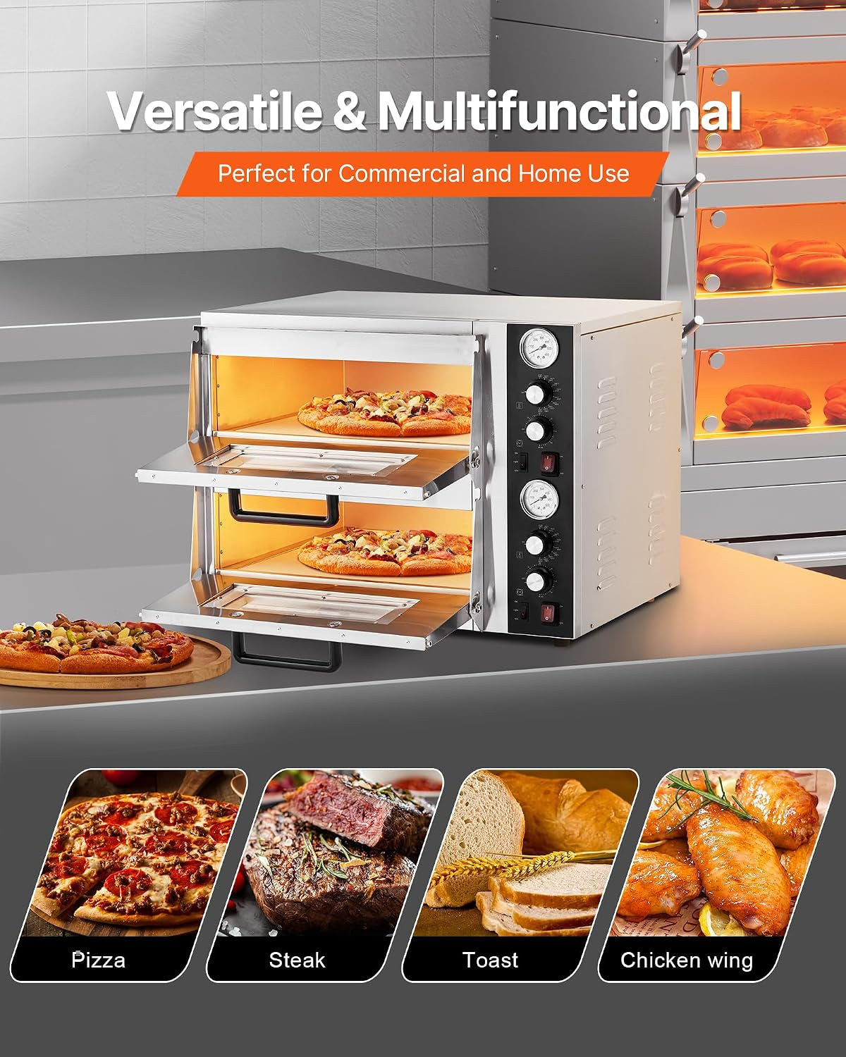 Pizza Oven Electric, 18" Double-Deck Commercial Countertop Pizza Oven, 842°F Max Temp, Indoor Pizza Maker with Thermometer, Independent Upper & Lower Temp Control & Timer for Home Restaurant