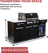 Premium 70"W Black Stainless Steel Outdoor Kitchen Island BBQ Gas Grill with Compact Refrigerator & Rotisserie Burner + Dual Sided Griddle Plate + Charcoal Tray + Natural Gas Conversion Kit