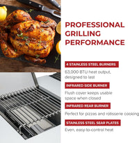 Premium 70"W Black Stainless Steel Outdoor Kitchen Island BBQ Gas Grill with Compact Refrigerator & Rotisserie Burner + Dual Sided Griddle Plate + Charcoal Tray + Natural Gas Conversion Kit