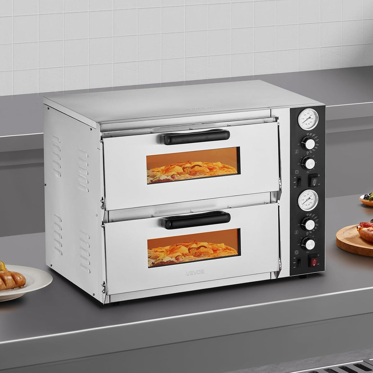 Pizza Oven Electric, 18" Double-Deck Commercial Countertop Pizza Oven, 842°F Max Temp, Indoor Pizza Maker with Thermometer, Independent Upper & Lower Temp Control & Timer for Home Restaurant