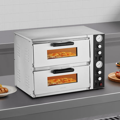 Pizza Oven Electric, 18" Double-Deck Commercial Countertop Pizza Oven, 842°F Max Temp, Indoor Pizza Maker with Thermometer, Independent Upper & Lower Temp Control & Timer for Home Restaurant