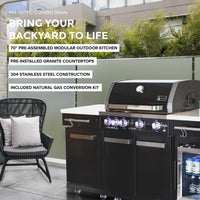Premium 70"W Black Stainless Steel Outdoor Kitchen Island BBQ Gas Grill with Compact Refrigerator & Rotisserie Burner + Dual Sided Griddle Plate + Charcoal Tray + Natural Gas Conversion Kit