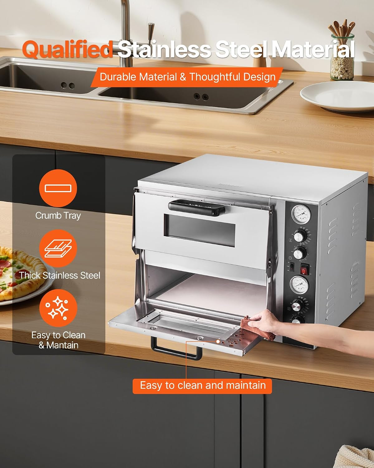 Pizza Oven Electric, 18" Double-Deck Commercial Countertop Pizza Oven, 842°F Max Temp, Indoor Pizza Maker with Thermometer, Independent Upper & Lower Temp Control & Timer for Home Restaurant