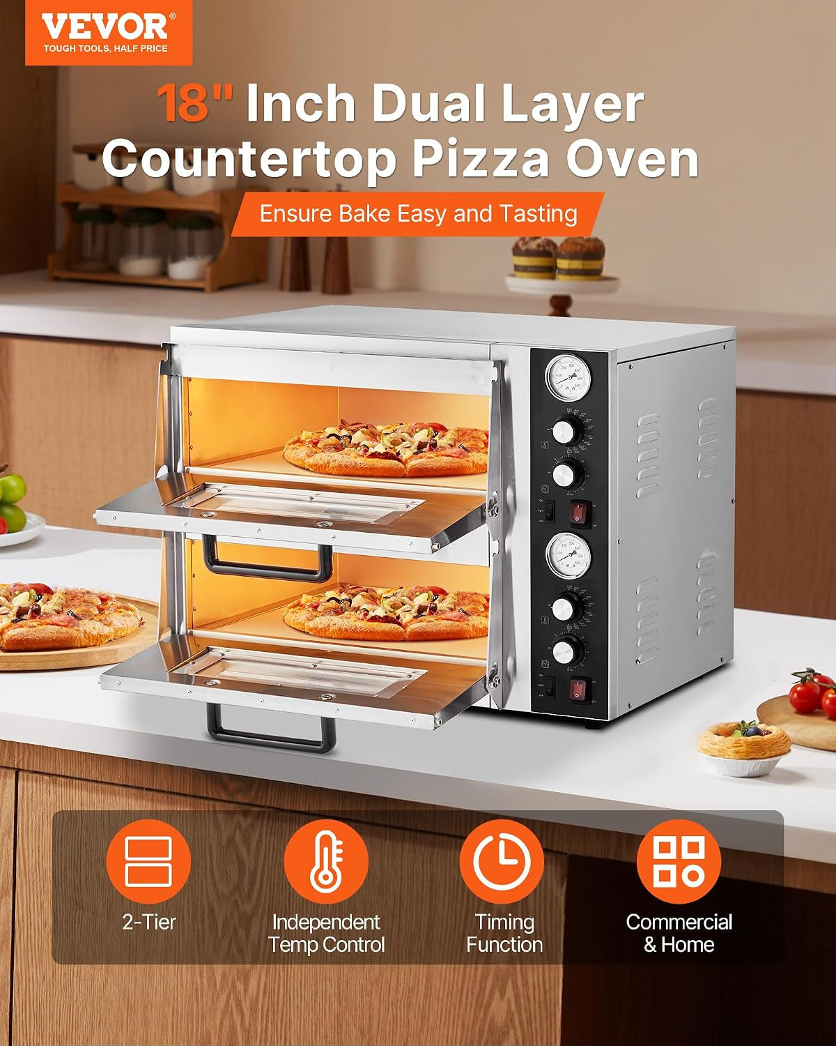 Pizza Oven Electric, 18" Double-Deck Commercial Countertop Pizza Oven, 842°F Max Temp, Indoor Pizza Maker with Thermometer, Independent Upper & Lower Temp Control & Timer for Home Restaurant