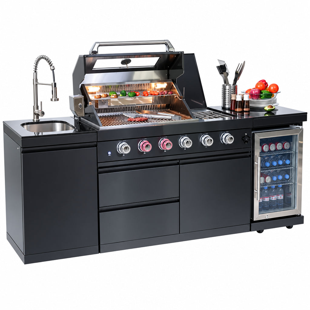 Outdoor Kitchen Island Gas Grill System 4 Burner BBQ Island with Rotisserie Kit, Integrated Sink, Wine Cooler & Granite Countertop
