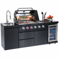 Outdoor Kitchen Island Gas Grill System 4 Burner BBQ Island with Rotisserie Kit, Integrated Sink, Wine Cooler & Granite Countertop