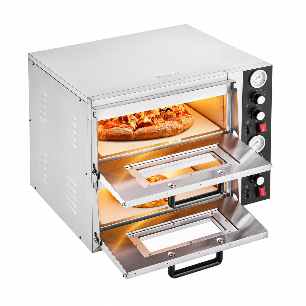 Pizza Oven Electric, 18" Double-Deck Commercial Countertop Pizza Oven, 842°F Max Temp, Indoor Pizza Maker with Thermometer, Independent Upper & Lower Temp Control & Timer for Home Restaurant