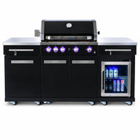 Premium 70"W Black Stainless Steel Outdoor Kitchen Island BBQ Gas Grill with Compact Refrigerator & Rotisserie Burner + Dual Sided Griddle Plate + Charcoal Tray + Natural Gas Conversion Kit