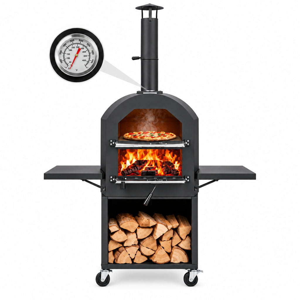 Wood Fired Outdoor Pizza Oven with Protective Cover 12 In. Pizza Stone in Black